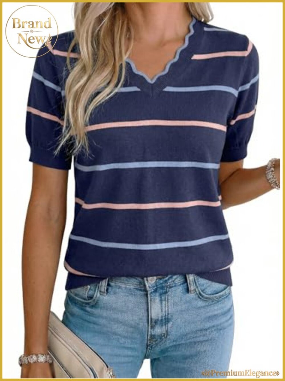 Striped Short Sleeve Knit Pullover Sweater Blouse V-Neck Summer